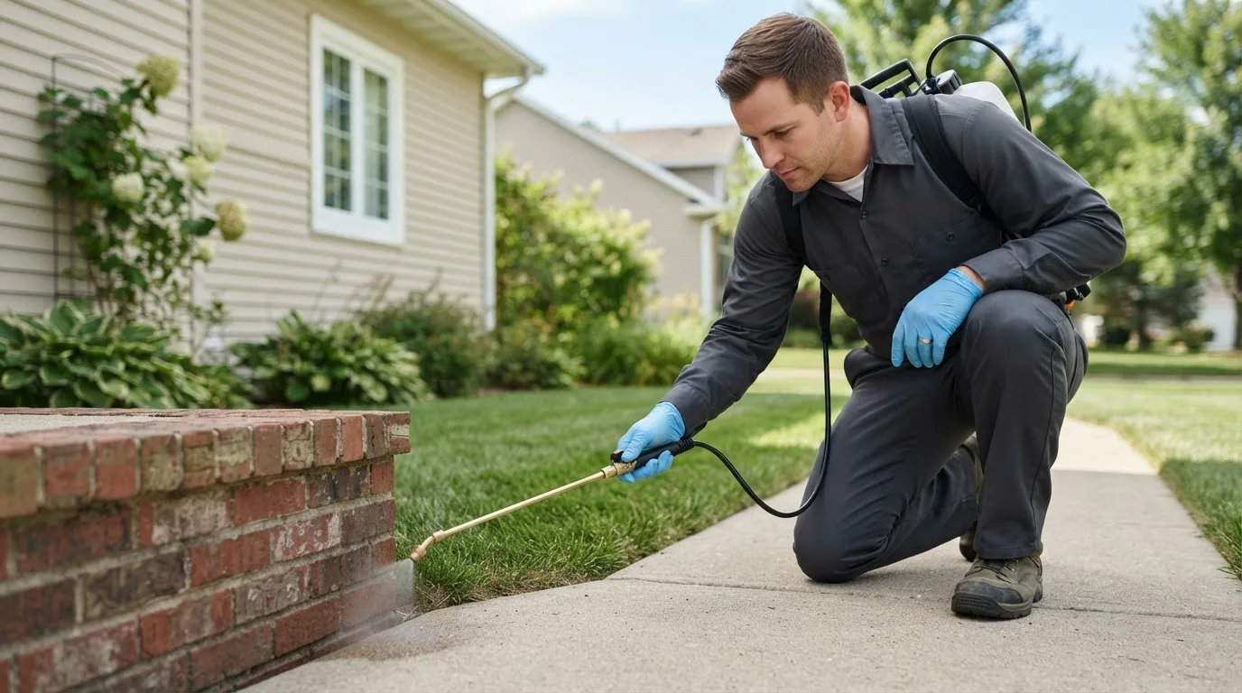 Pest control technician treating a home near Looneyville, WV