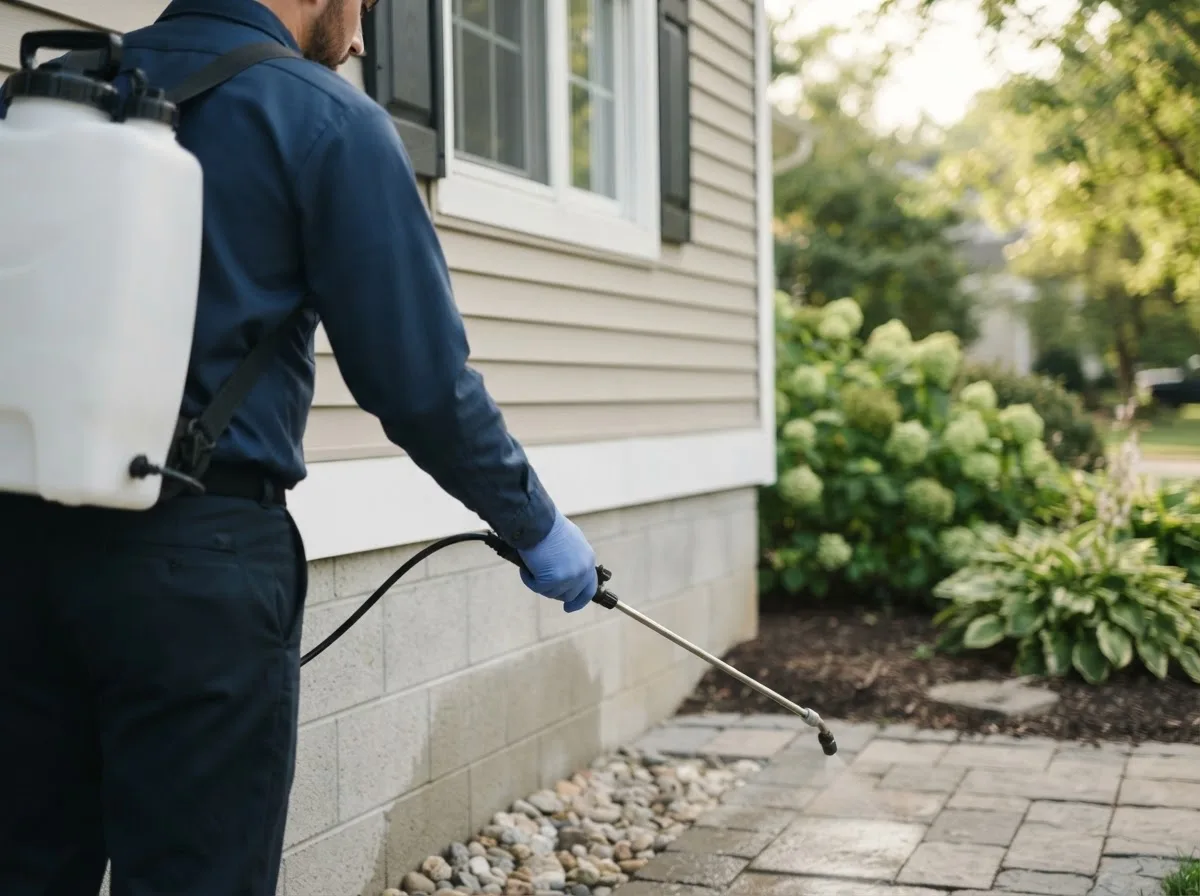 Pest control technician inspecting a home in Looneyville, WV